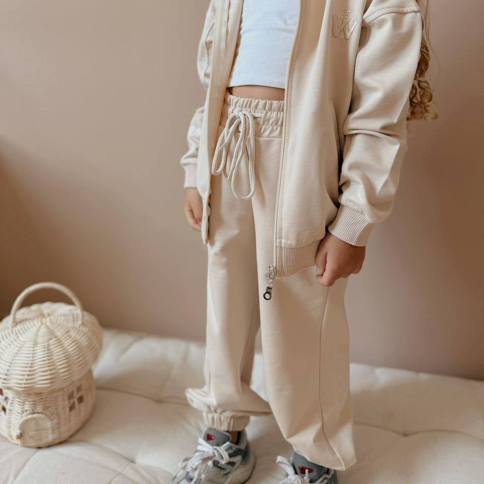 Urban cool girls jogger set in soft beige and grey cotton with zip up jacket — view 5