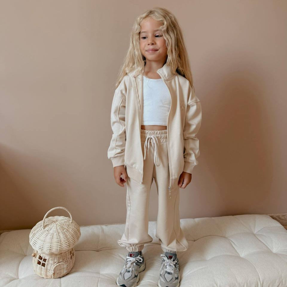 Urban cool girls jogger set in soft beige and grey cotton with zip up jacket — view 4
