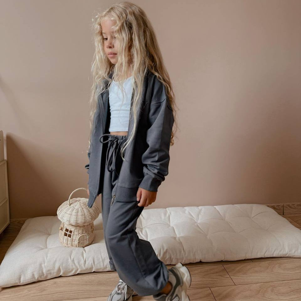 Urban cool girls jogger set in soft beige and grey cotton with zip up jacket — view 2