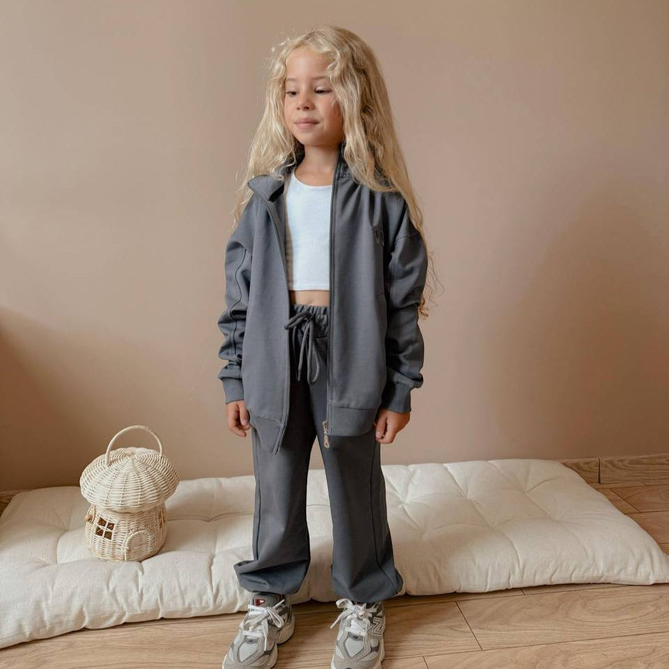 Urban cool girls jogger set in soft beige and grey cotton with zip up jacket