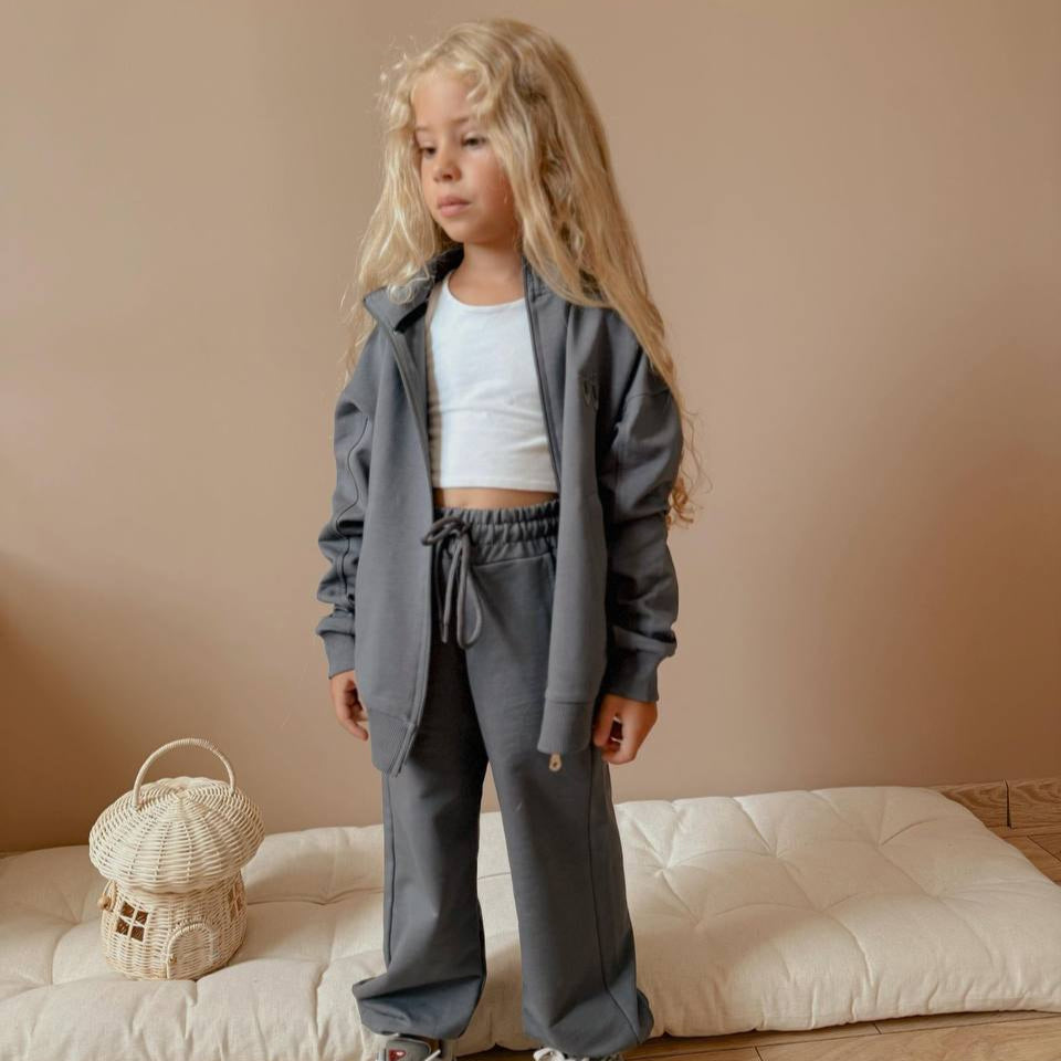 Urban cool girls jogger set in soft beige and grey cotton with zip up jacket — view 3