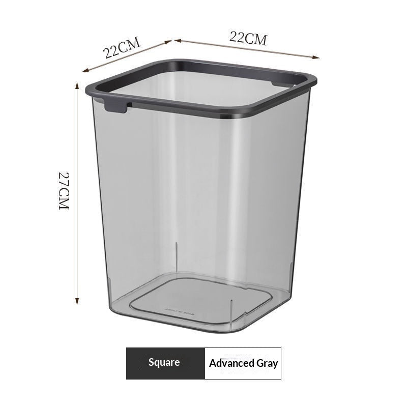 Transparent square waste bin with internal press-ring mechanism, shown empty on a white background. — view 6