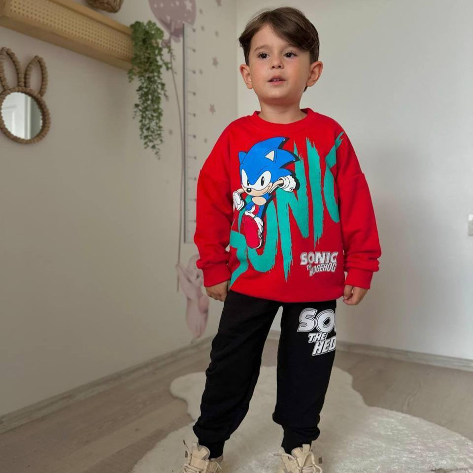 Red two-piece boys jogger set featuring a Sonic graphic crewneck sweatshirt and matching elastic pants