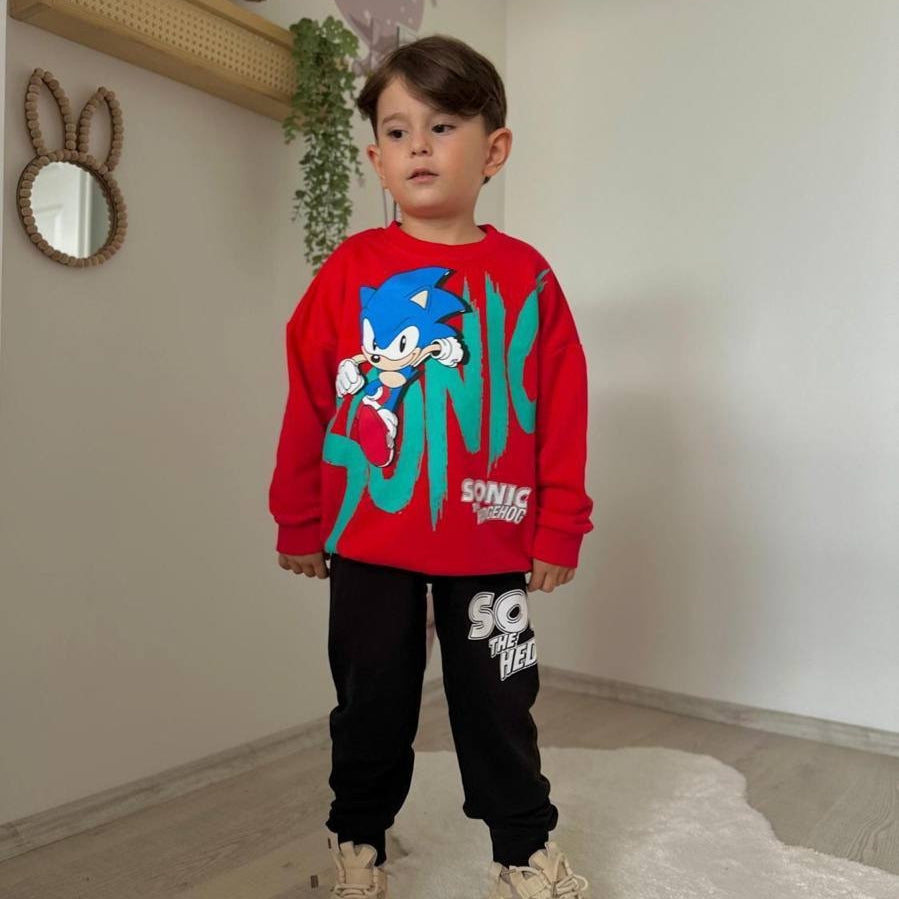 Red two-piece boys jogger set featuring a Sonic graphic crewneck sweatshirt and matching elastic pants — view 3