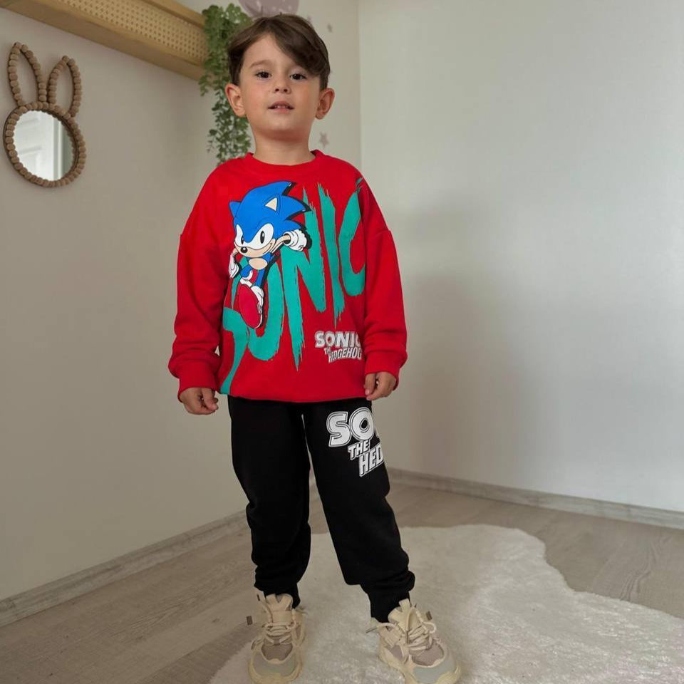 Red two-piece boys jogger set featuring a Sonic graphic crewneck sweatshirt and matching elastic pants — view 2