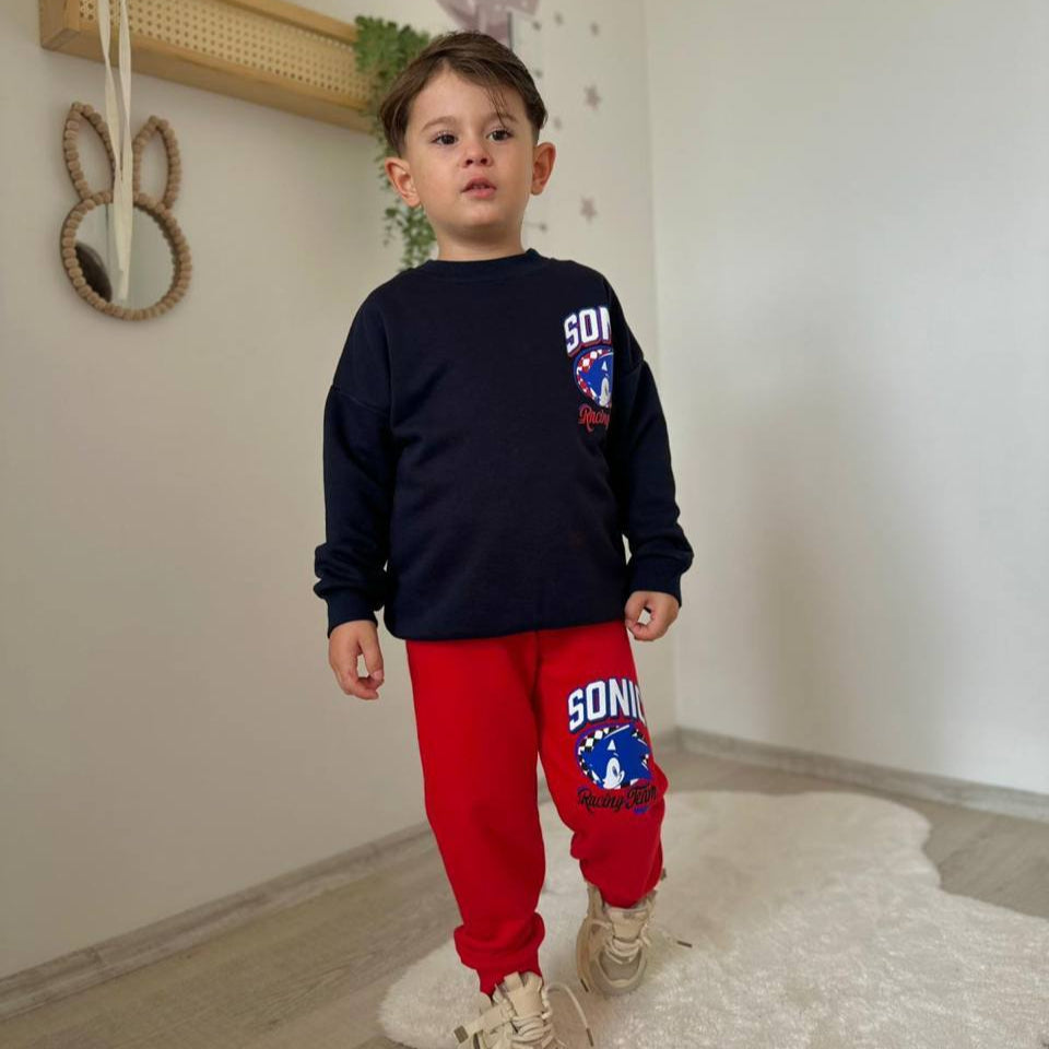 Red Fast Track boys jogger set featuring a cotton crewneck sweatshirt and matching elastic waist pants