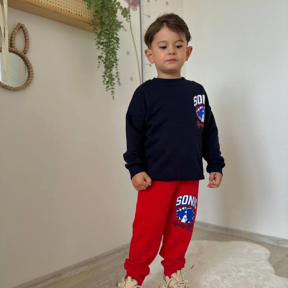 Red Fast Track boys jogger set featuring a cotton crewneck sweatshirt and matching elastic waist pants — view 2