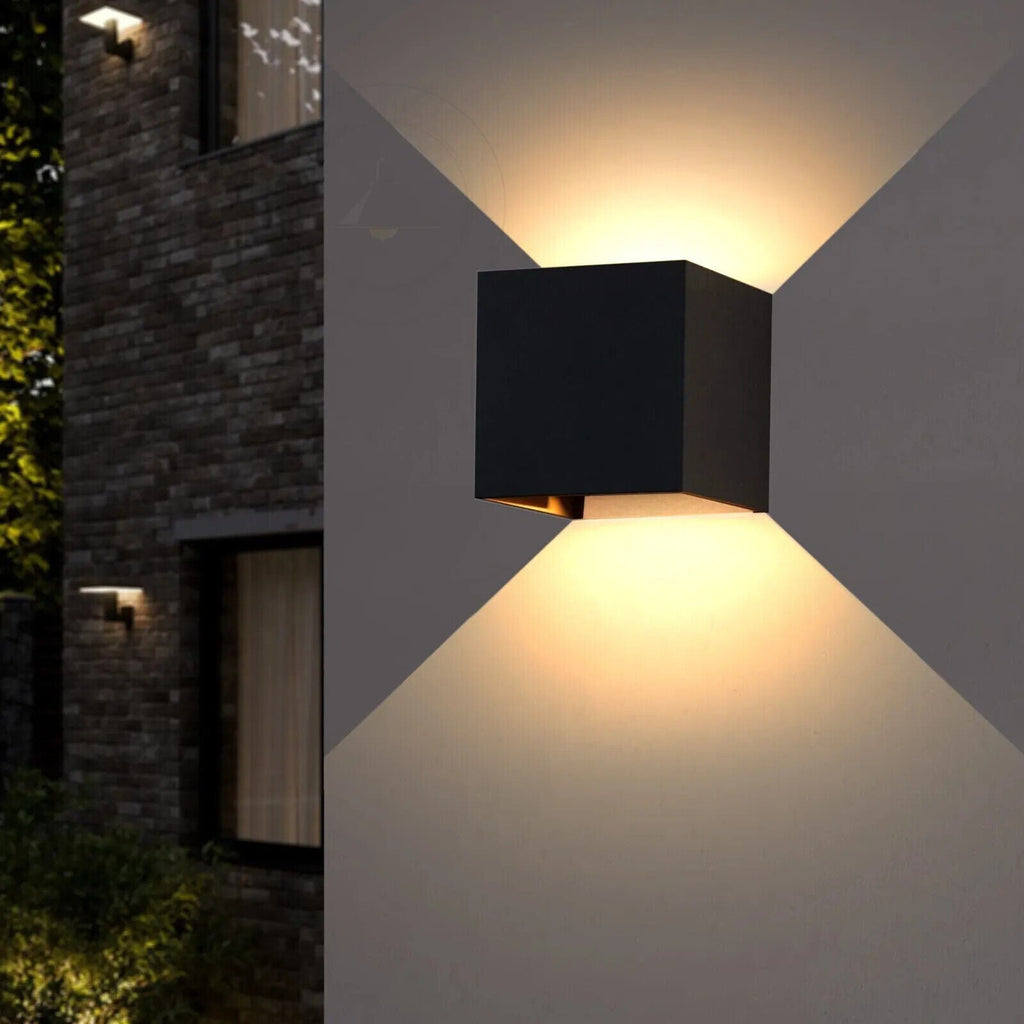 Two pack modern square outdoor wall light set with illuminated adjustable warm white LED beams