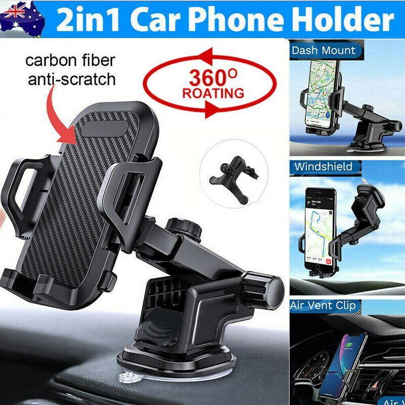 Universal car phone holder with carbon fiber finish, mounted securely on a vehicle dashboard.