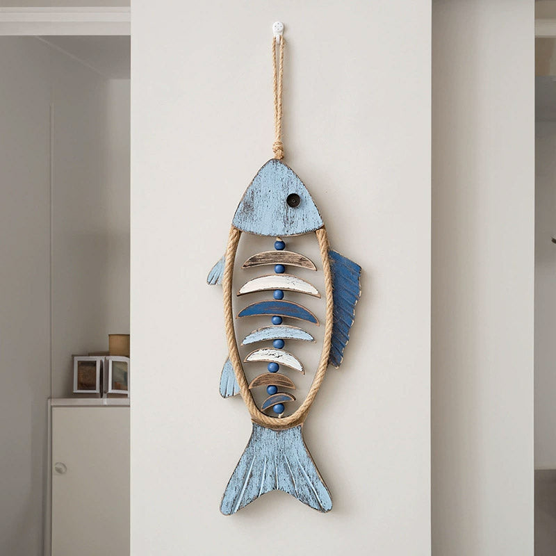 Rustic wooden fish wall art ornament with distressed finish and hanging rope — view 5