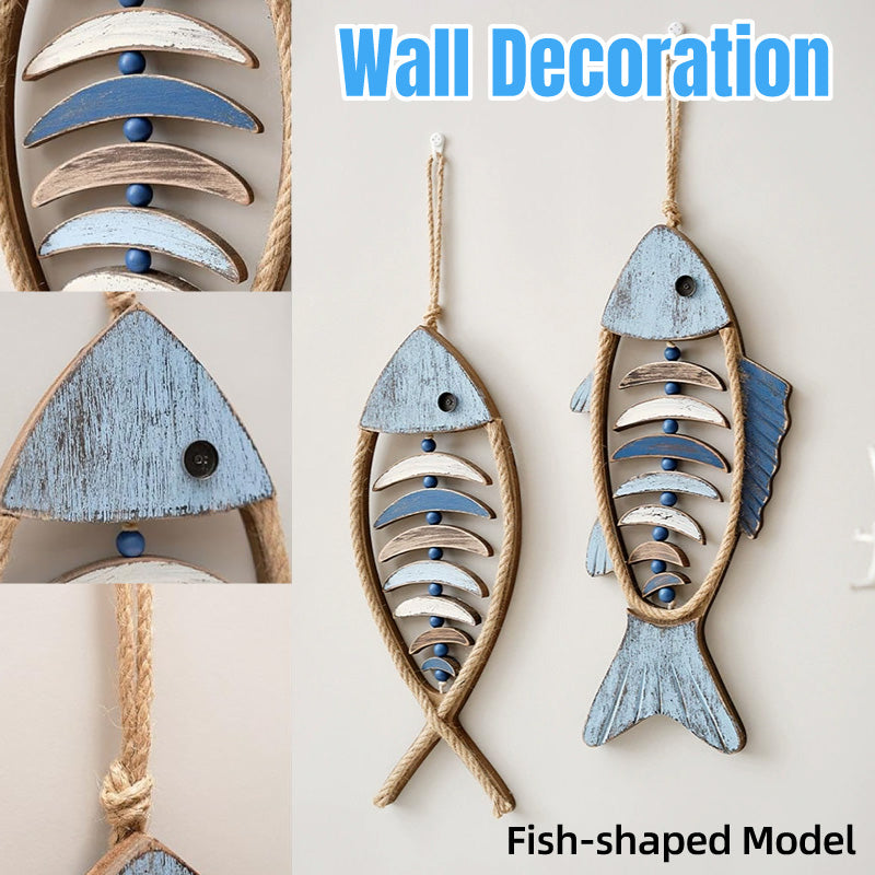 Rustic wooden fish wall art ornament with distressed finish and hanging rope