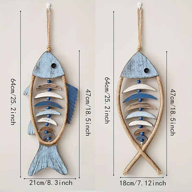 Rustic wooden fish wall art ornament with distressed finish and hanging rope — view 3