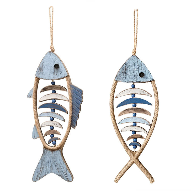 Rustic wooden fish wall art ornament with distressed finish and hanging rope — view 2