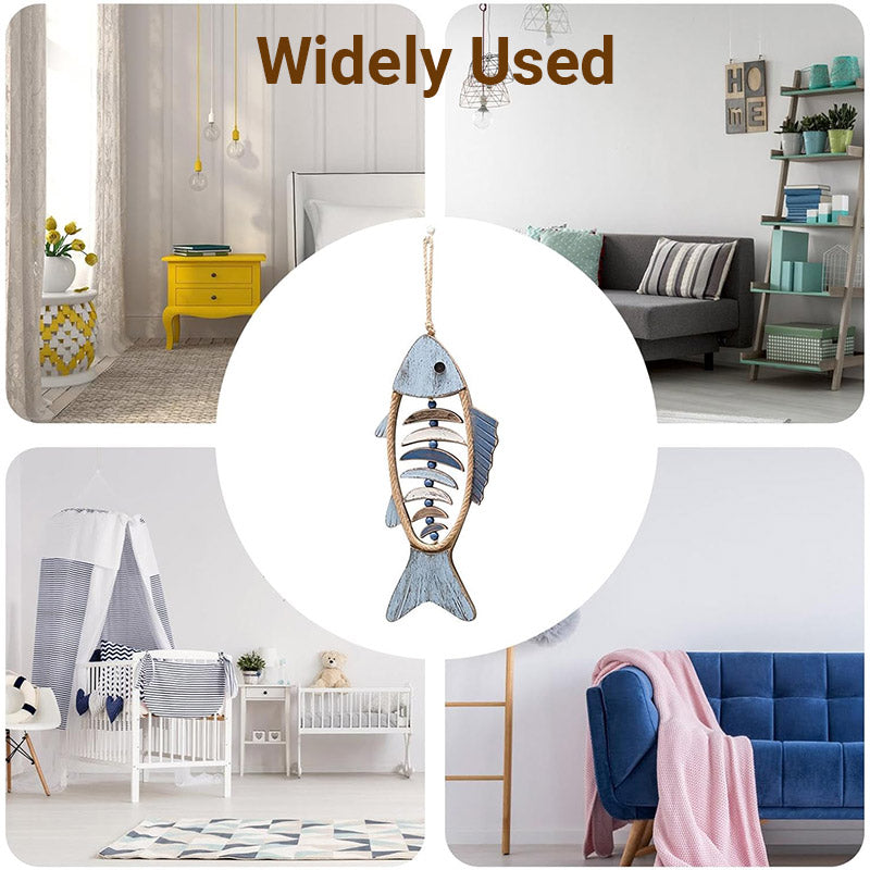 Rustic wooden fish wall art ornament with distressed finish and hanging rope — view 4