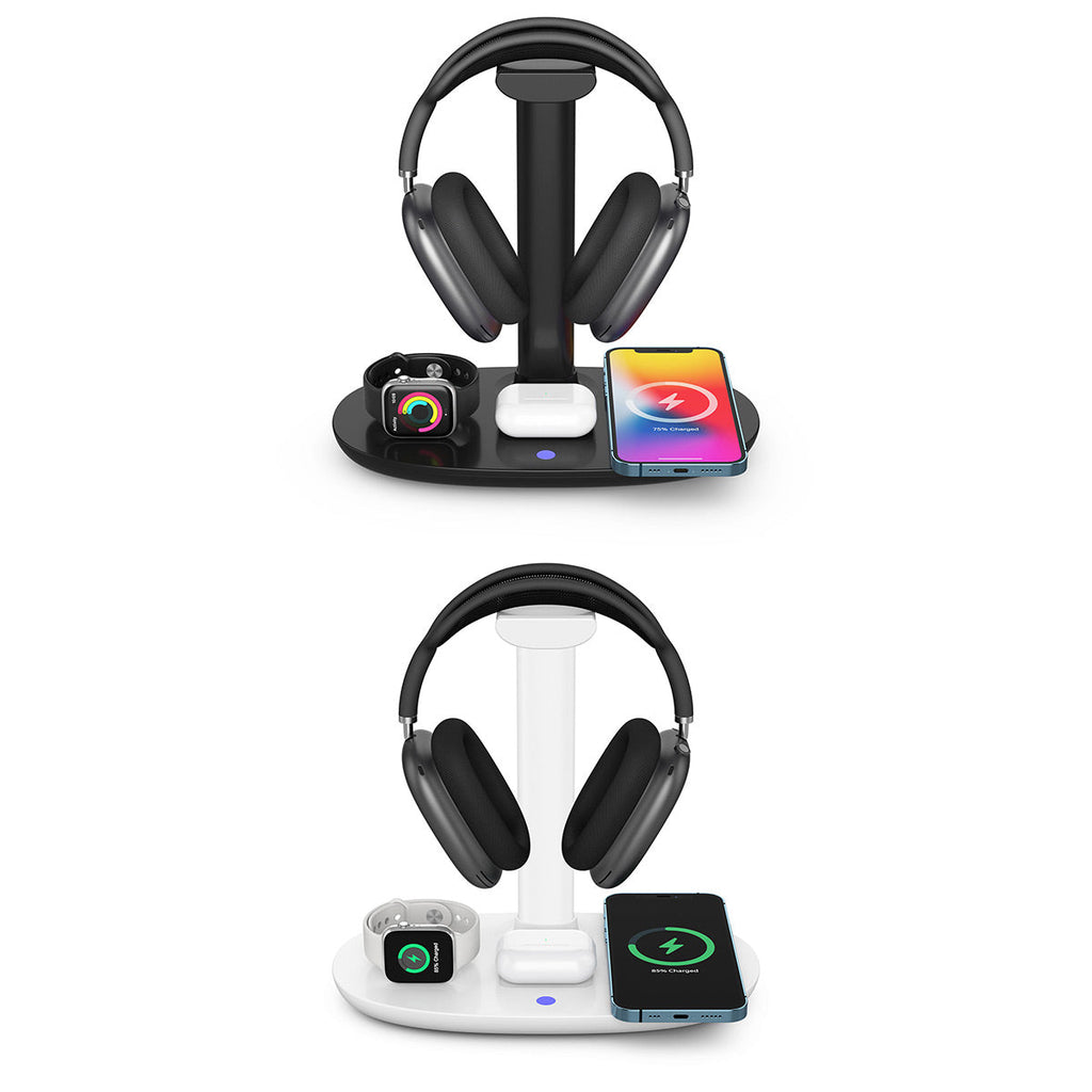 Black minimalist 15W wireless charging headphone stand with smart devices on a modern desk setup — view 2