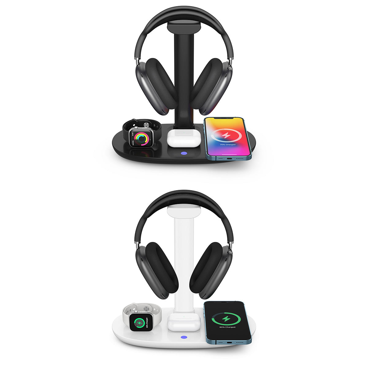 Black minimalist 15W wireless charging headphone stand with smart devices on a modern desk setup — view 2