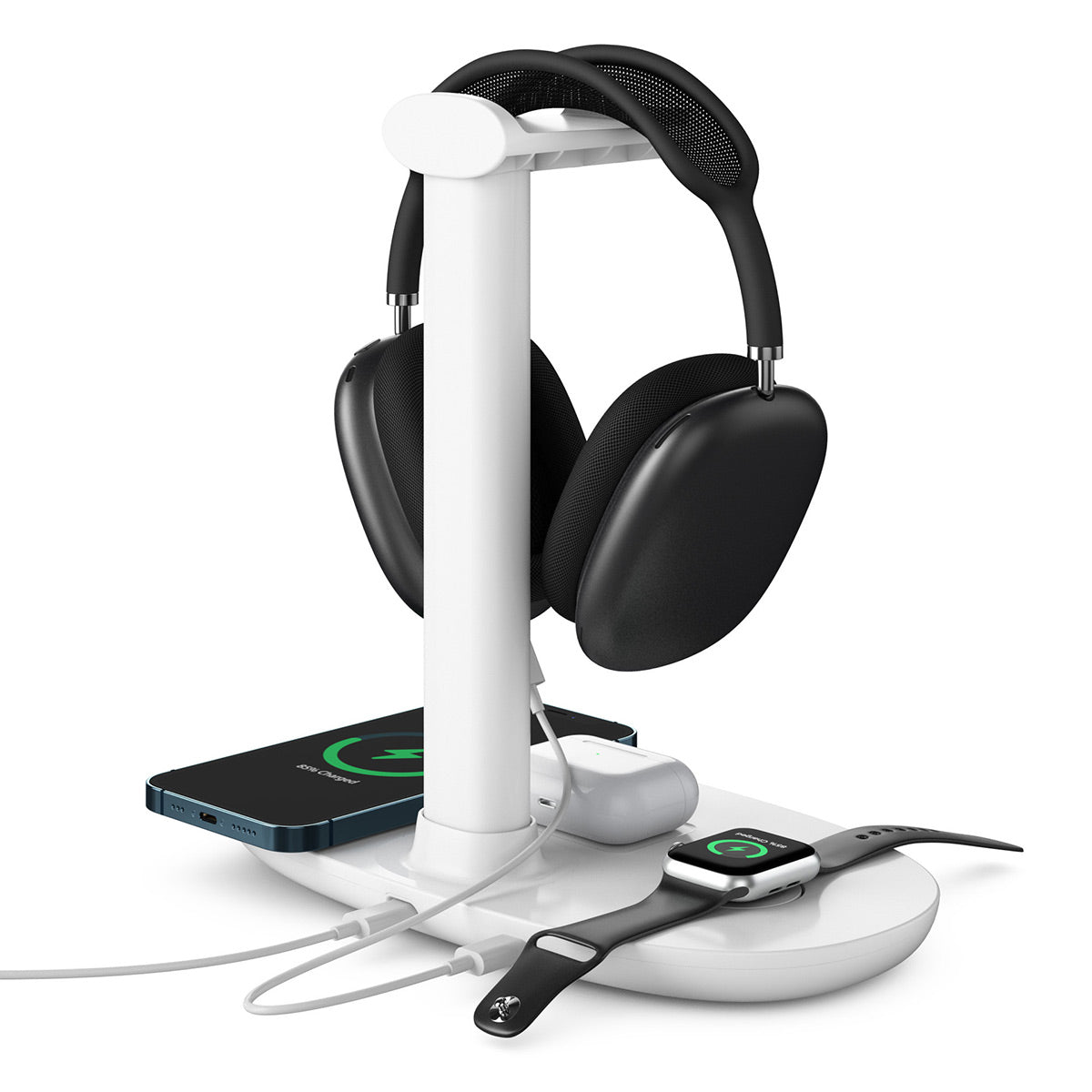 Black minimalist 15W wireless charging headphone stand with smart devices on a modern desk setup — view 4