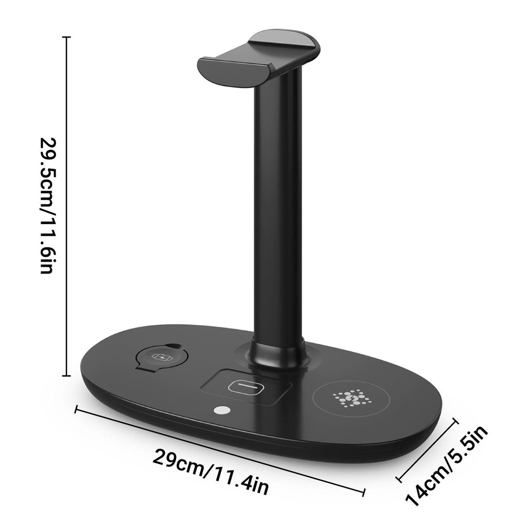 Black minimalist 15W wireless charging headphone stand with smart devices on a modern desk setup — view 3