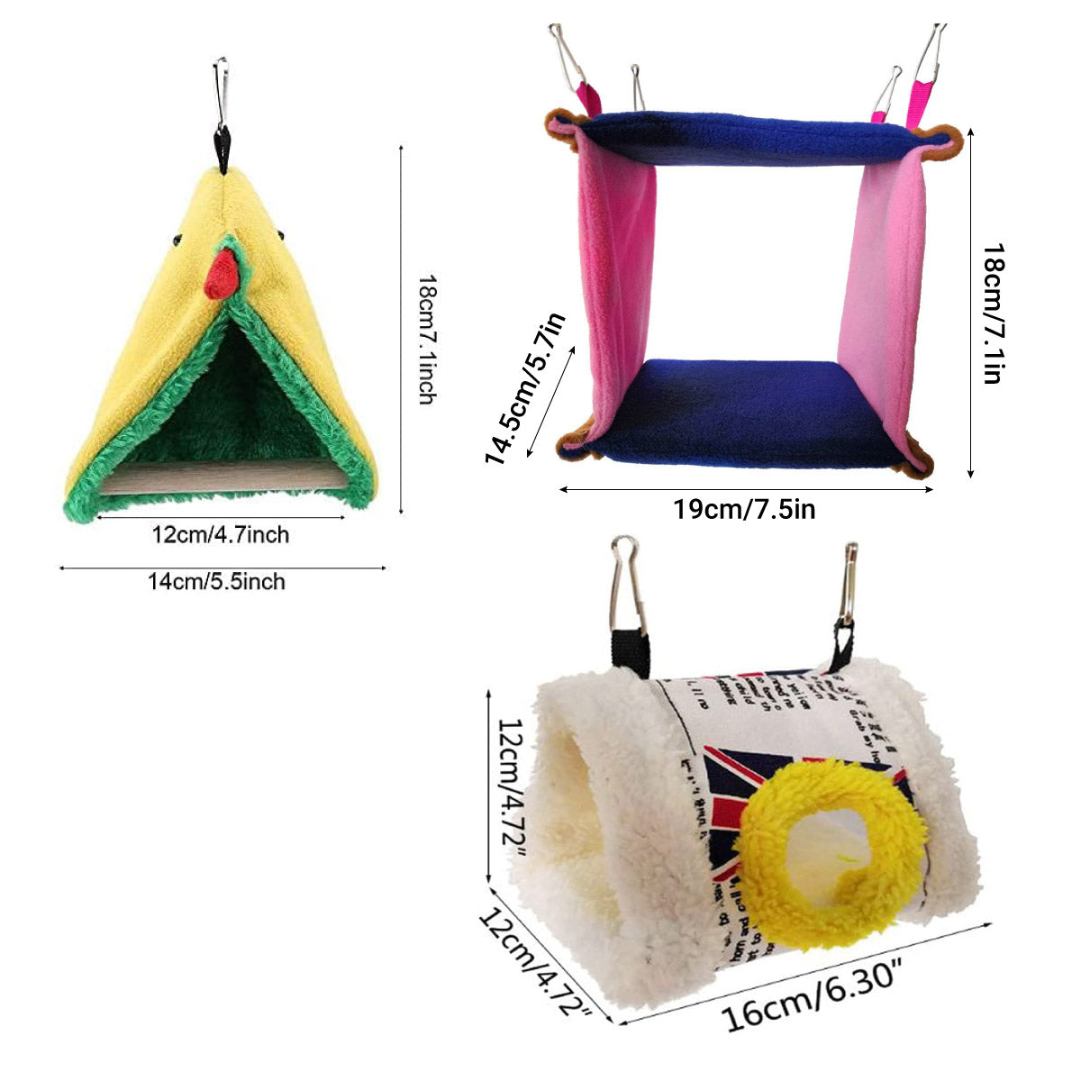 Cozy fleece and canvas hanging bird hammock nest with metal clips for parrot cages — view 3
