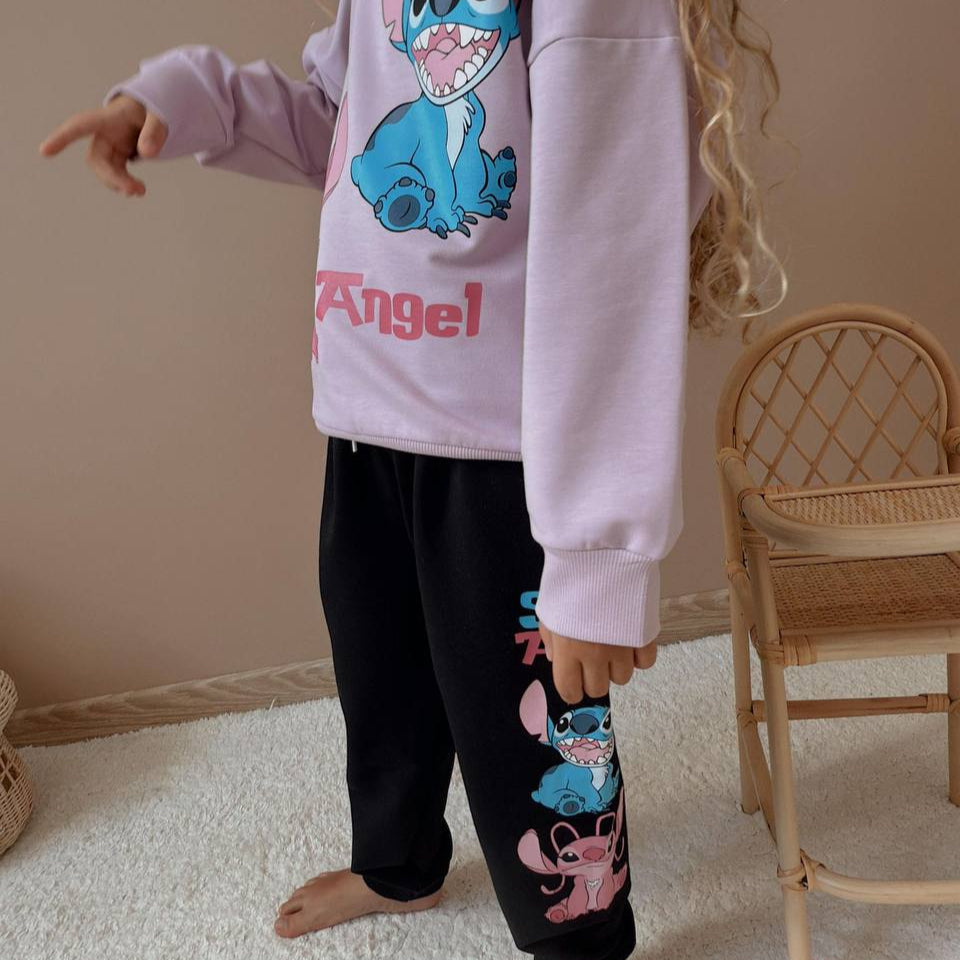 Girls cotton jogger set featuring crewneck sweatshirt with character print and matching elastic waist pants — view 3