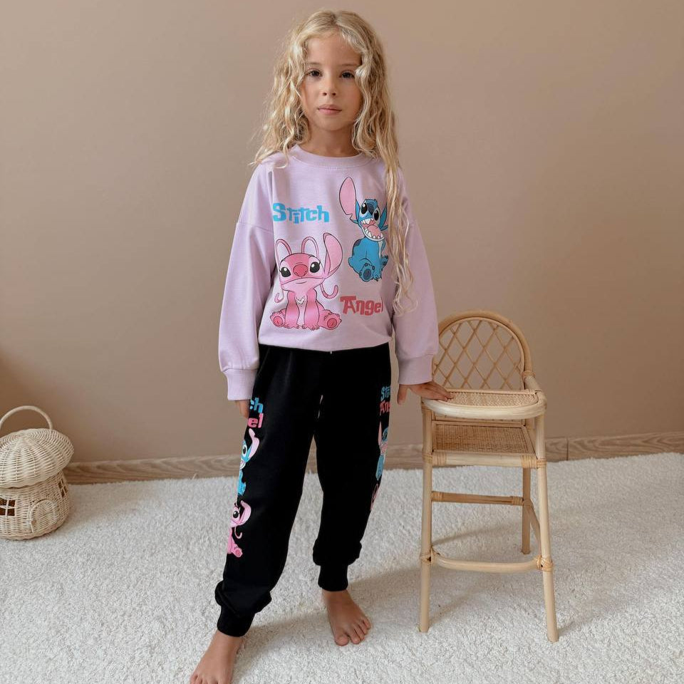 Girls cotton jogger set featuring crewneck sweatshirt with character print and matching elastic waist pants