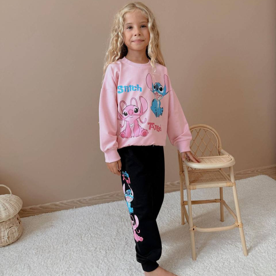 Girls cotton jogger set featuring crewneck sweatshirt with character print and matching elastic waist pants — view 2