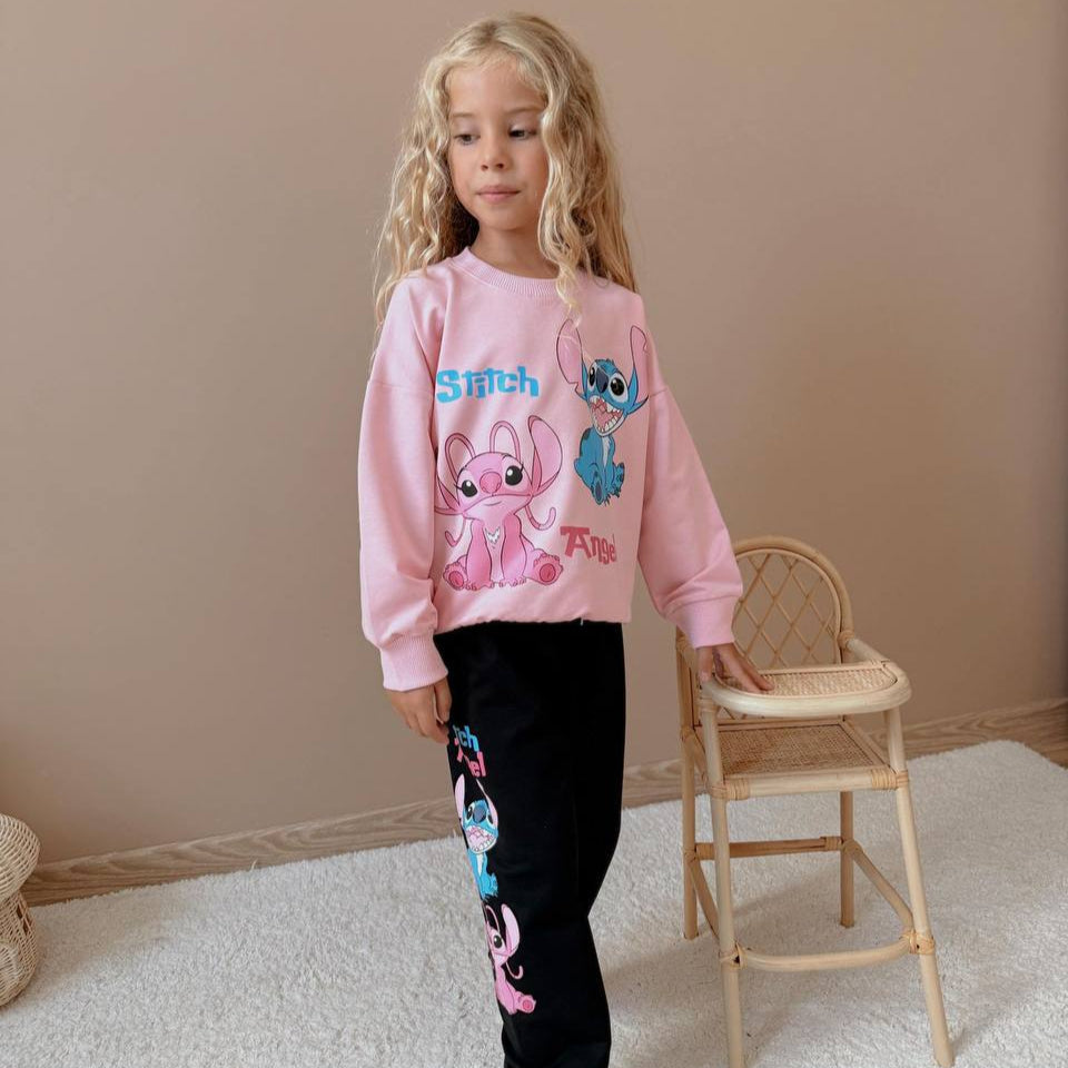 Girls cotton jogger set featuring crewneck sweatshirt with character print and matching elastic waist pants — view 4