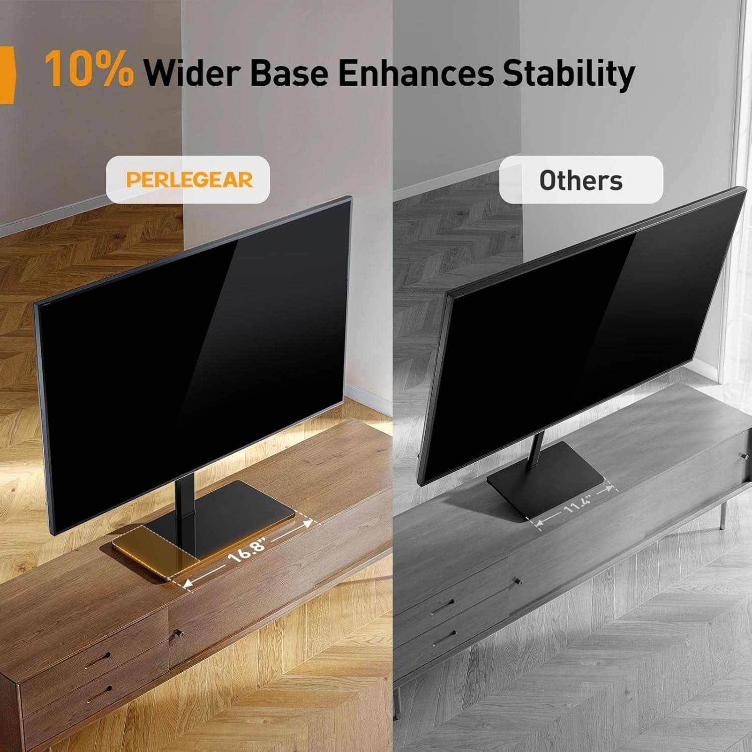 Universal height adjustable tabletop TV stand with sleek tempered glass base and metal frame — view 3