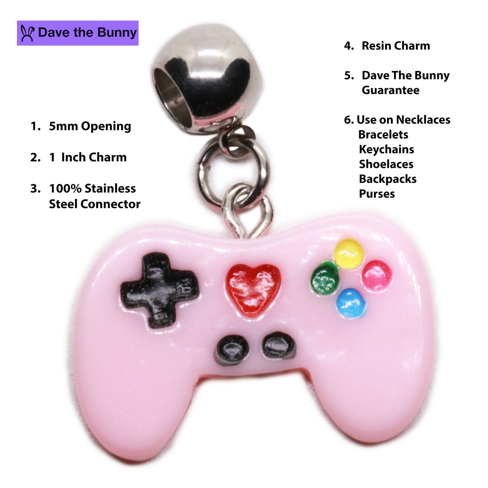 Pink game controller pendant necklace with colorful buttons on silver chain with purple gift pouch — view 2