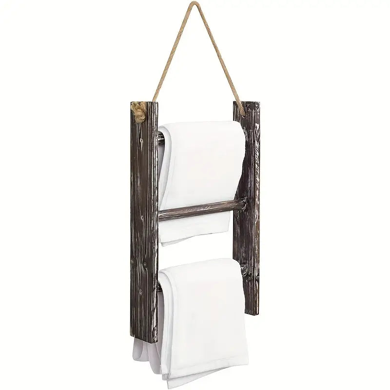 Rustic wood 3-tier wall hanging towel rack with ladder design and top rope detail — view 3