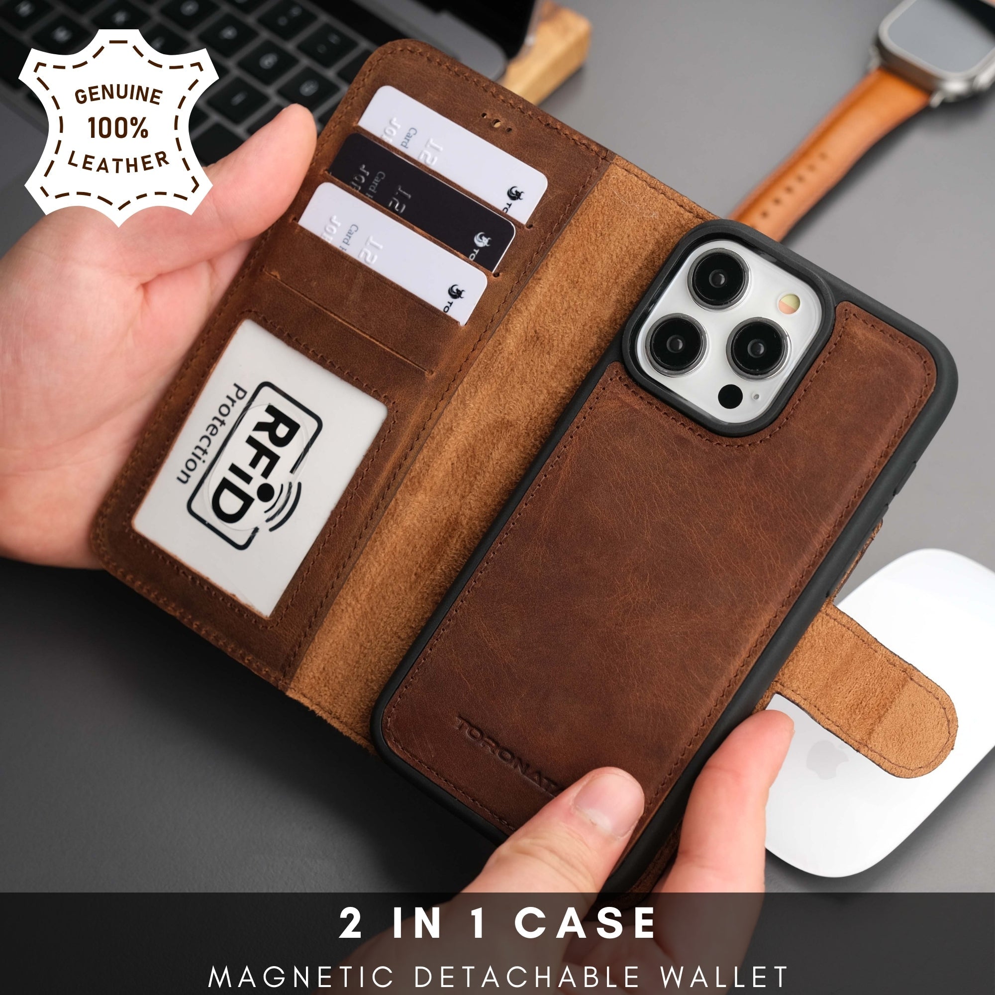 Leather iPhone 14 Pro Max wallet case featuring card slots, transparent ID window, and convertible kickstand — view 2