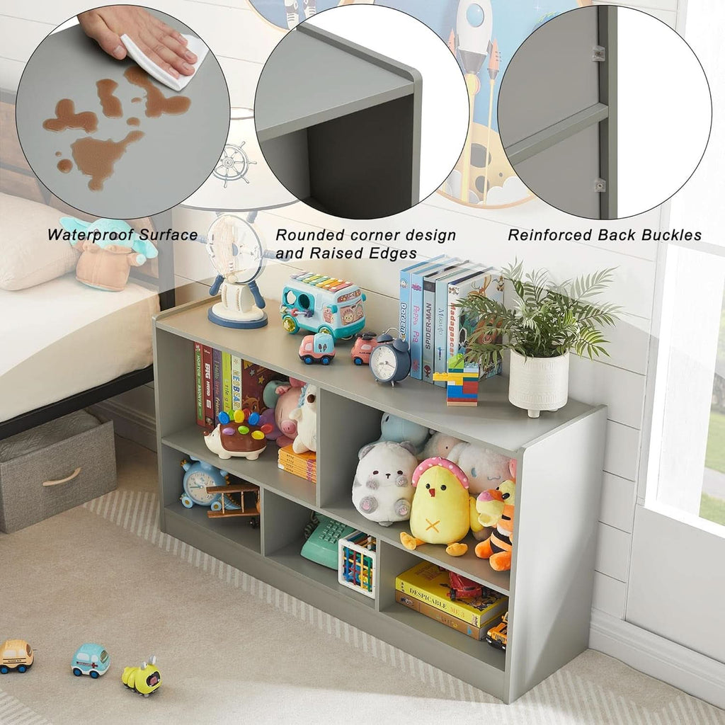 Grey five-section wooden kids bookshelf and toy organizer cabinet for playroom storage — view 5