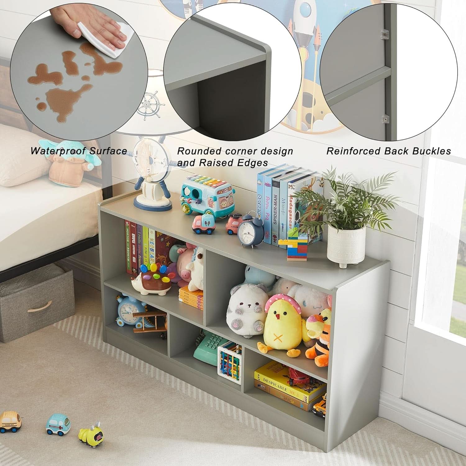 Grey five-section wooden kids bookshelf and toy organizer cabinet for playroom storage — view 5