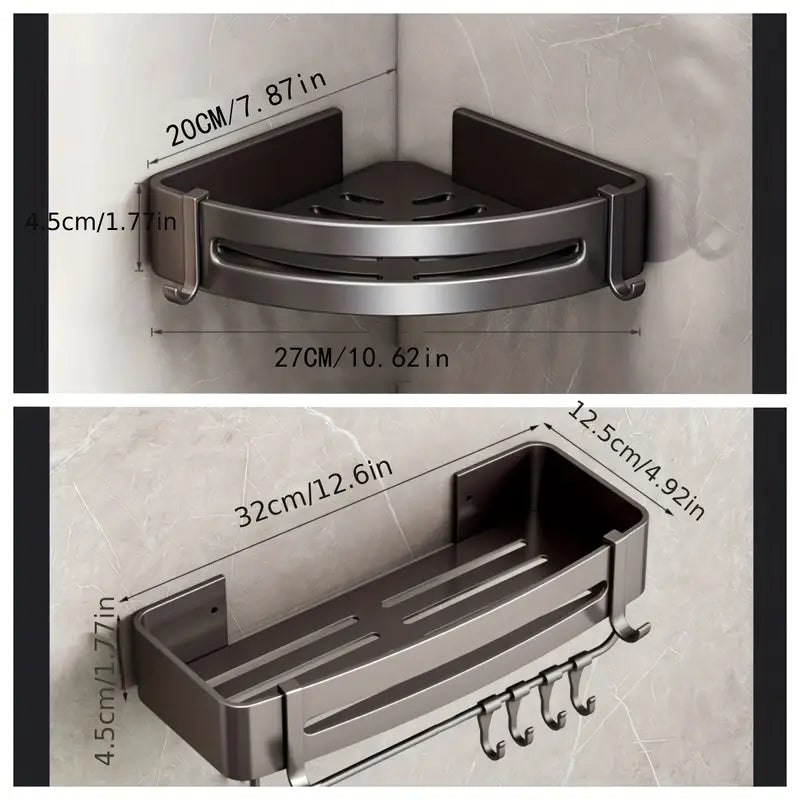 Three tier matte black aluminum corner bathroom shelf with non-drill adhesive mounting — view 4