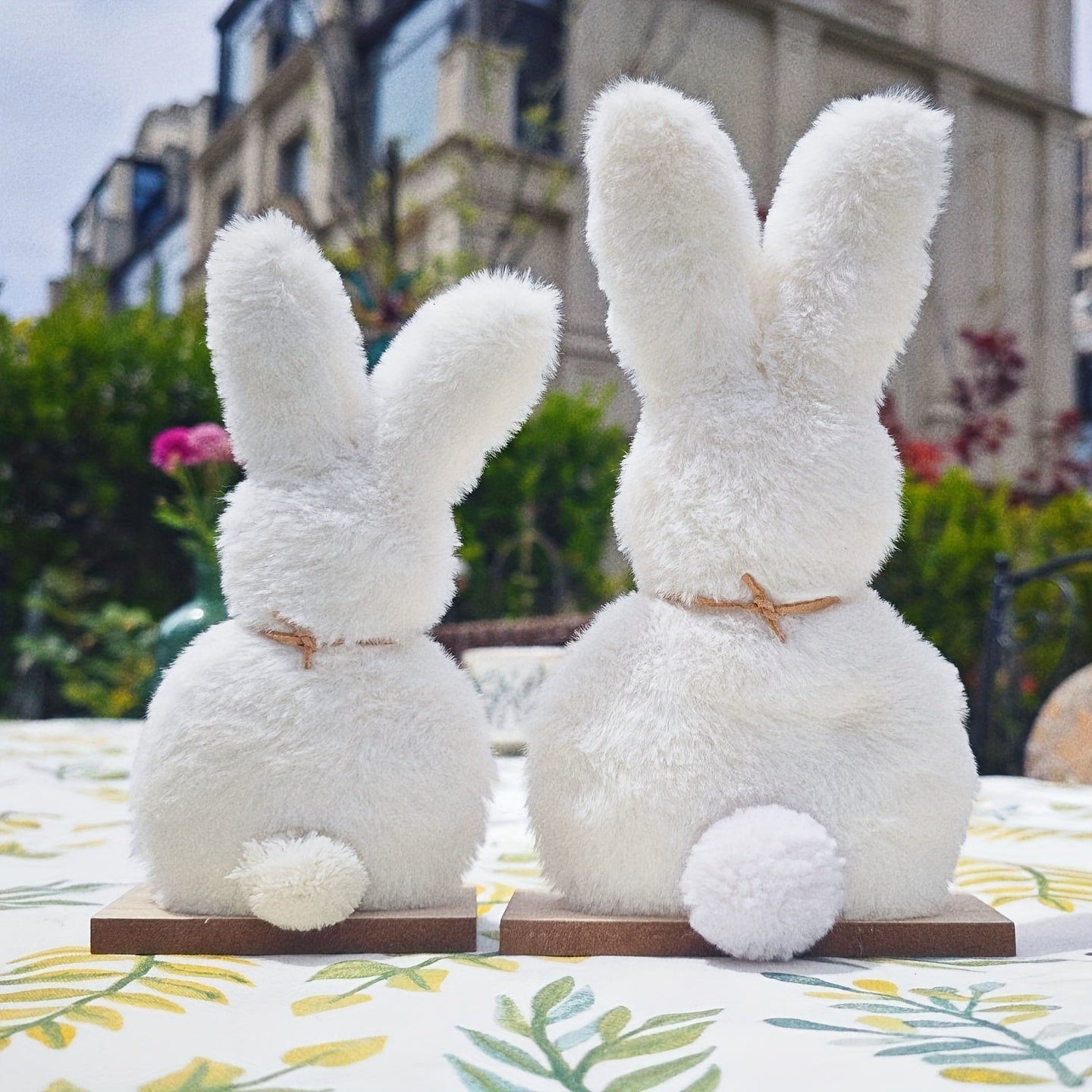 Two fluffy plush Easter bunny decorations in large and small sizes for festive spring home decor — view 4