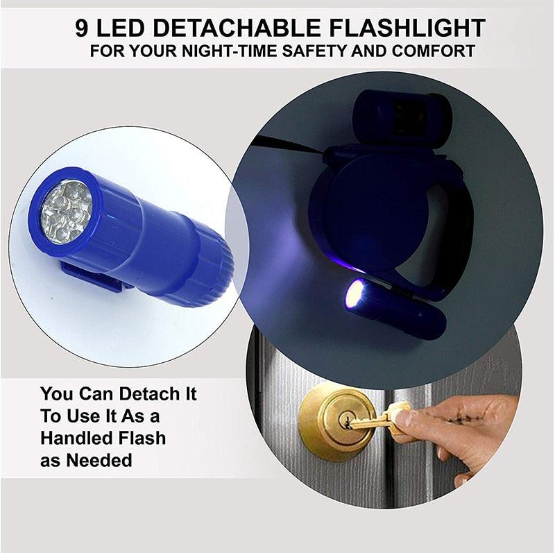 Retractable dog leash with built-in LED lights and waste bag dispenser, featuring an ergonomic handle. — view 2