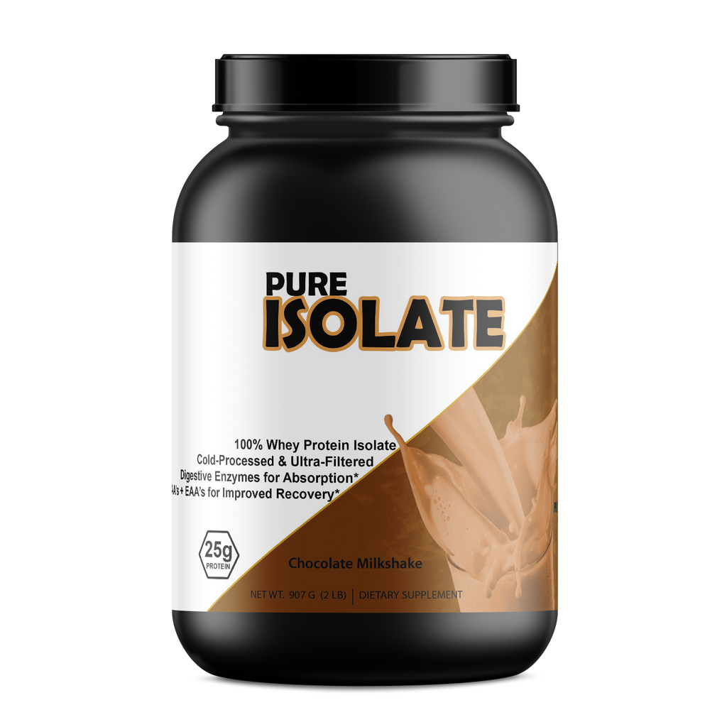 Pure Whey Isolate protein powder supplement tub with a scoop of fast-absorbing recovery blend. — view 5