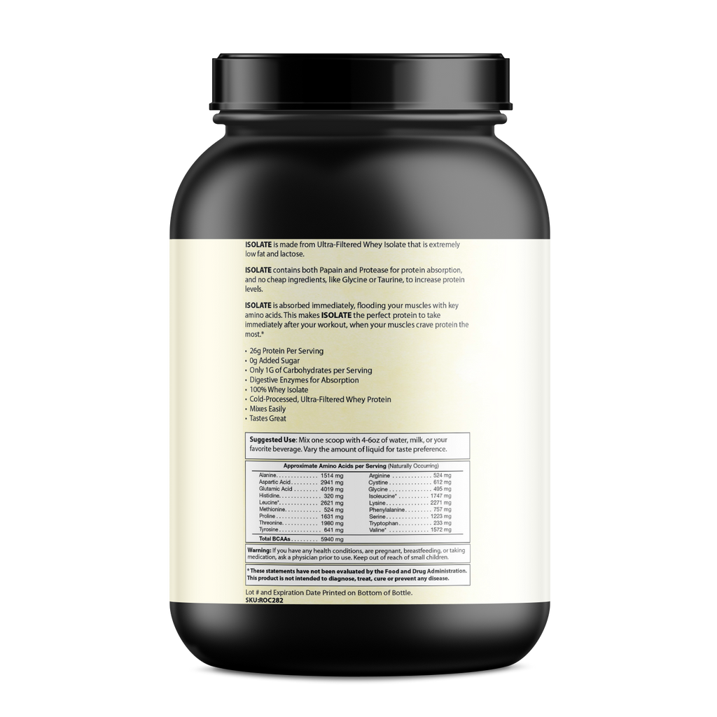 Pure Whey Isolate protein powder supplement tub with a scoop of fast-absorbing recovery blend. — view 3