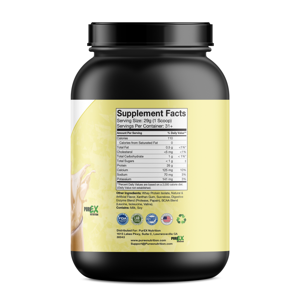 Pure Whey Isolate protein powder supplement tub with a scoop of fast-absorbing recovery blend. — view 4