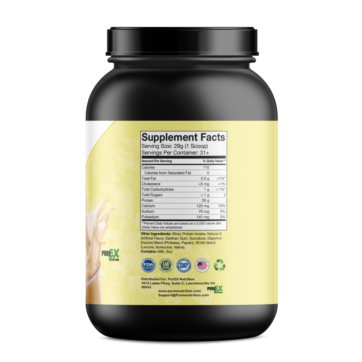 Pure Whey Isolate protein powder supplement tub with a scoop of fast-absorbing recovery blend. — view 4