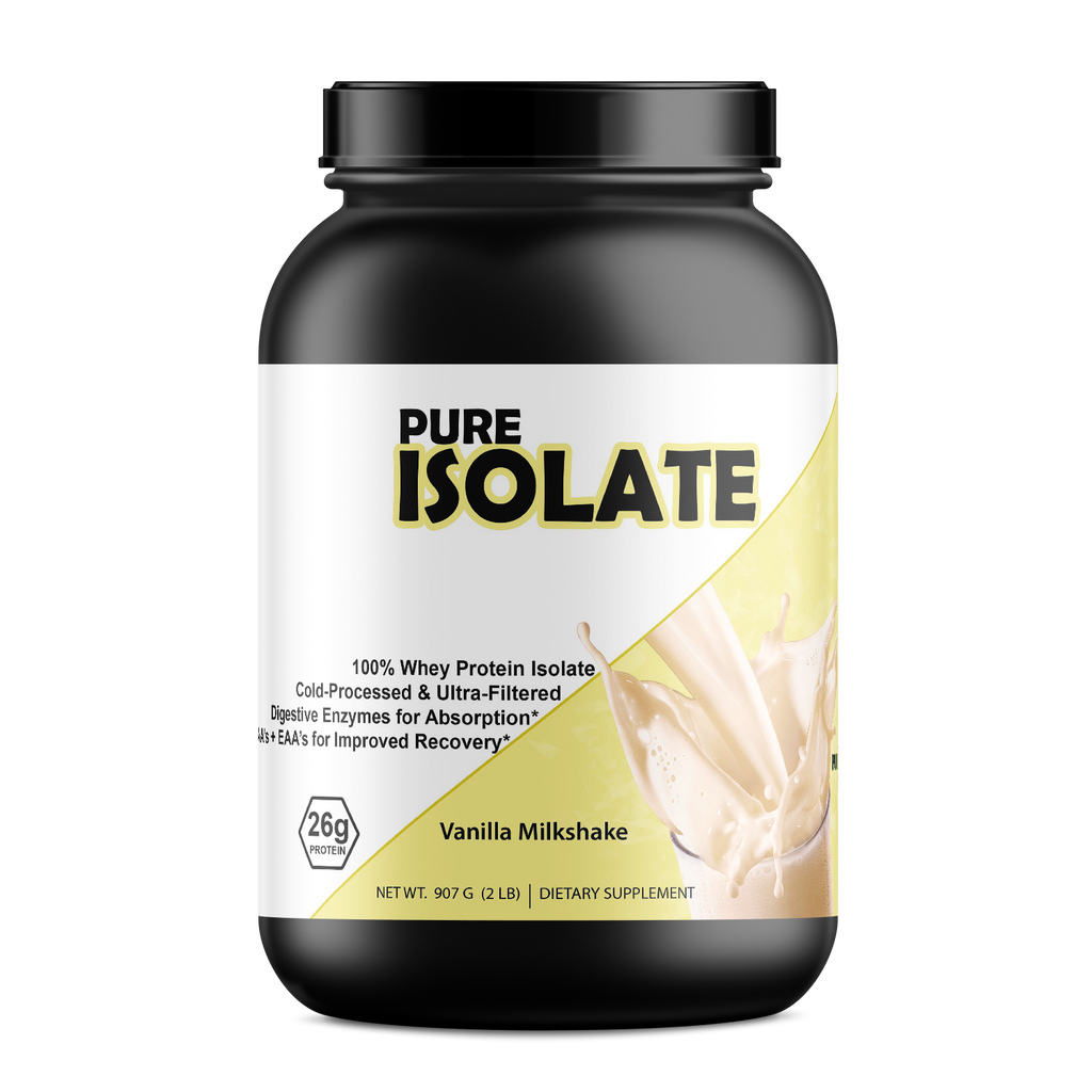 Pure Whey Isolate protein powder supplement tub with a scoop of fast-absorbing recovery blend.