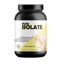 Pure Whey Isolate protein powder supplement tub with a scoop of fast-absorbing recovery blend.