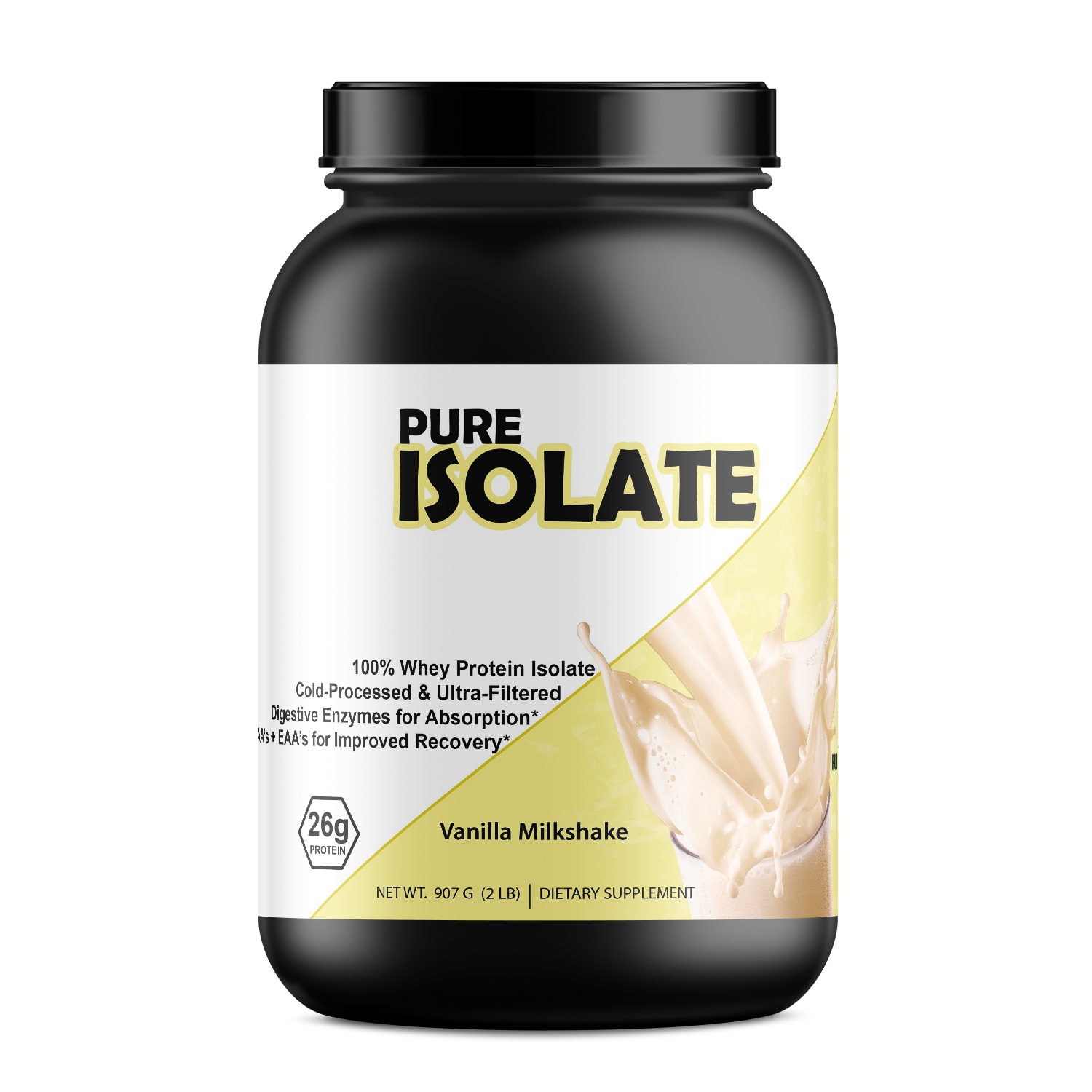 Pure Whey Isolate protein powder supplement tub with a scoop of fast-absorbing recovery blend. — view 2