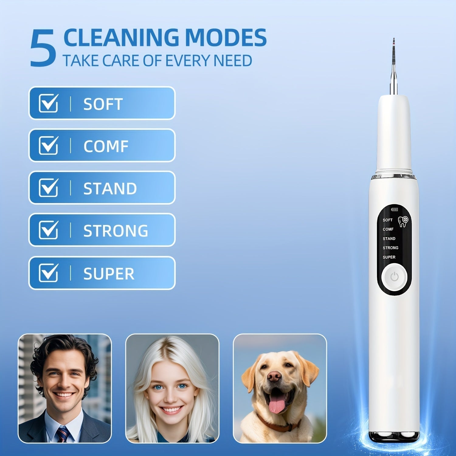 Rechargeable electric tooth cleaner in white with LED light and two replacement heads — view 2