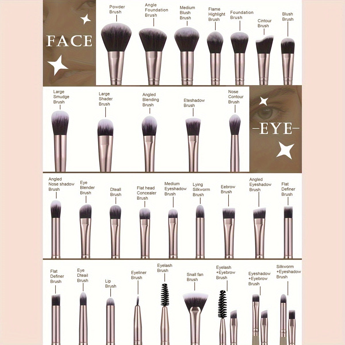 Coffee colored 55 piece makeup brush set with blending sponges puffs and travel bag — view 5