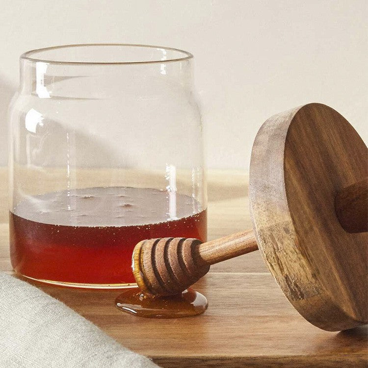 Clear high borosilicate glass honey jar with a natural wooden lid and built in dipper — view 3