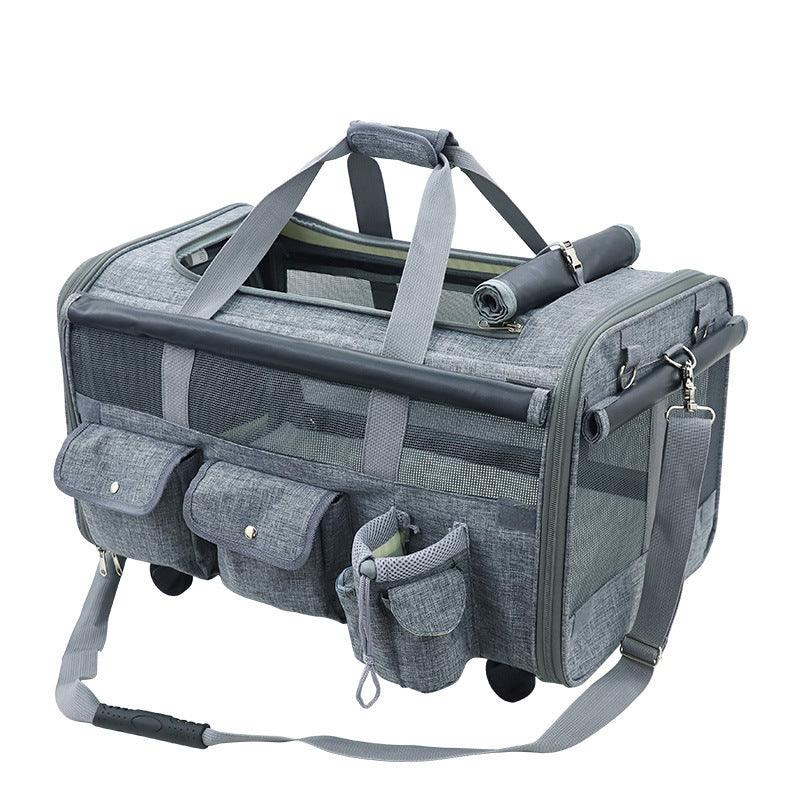 Spacious traveling pet carrier with rolling wheels, privacy shutter, and breathable polyester fabric