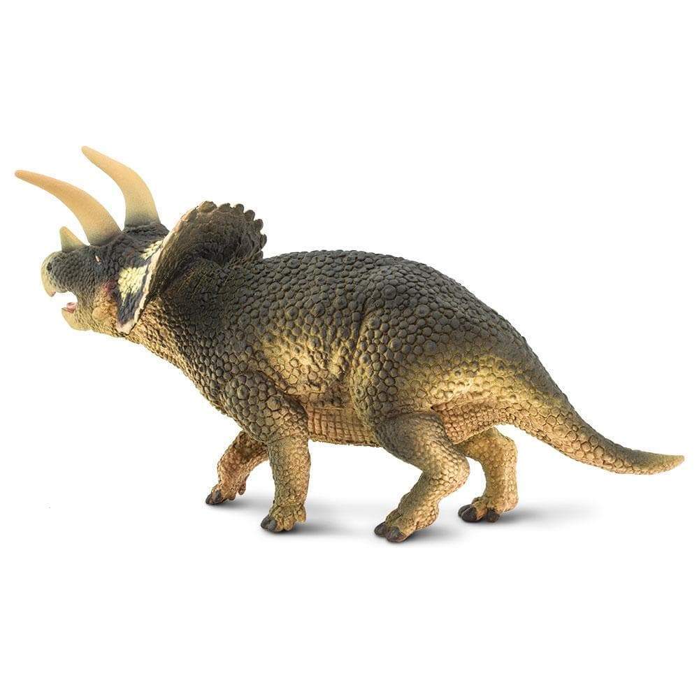 Detailed Triceratops dinosaur toy figure with large horns and scaly texture in a rearing pose — view 3