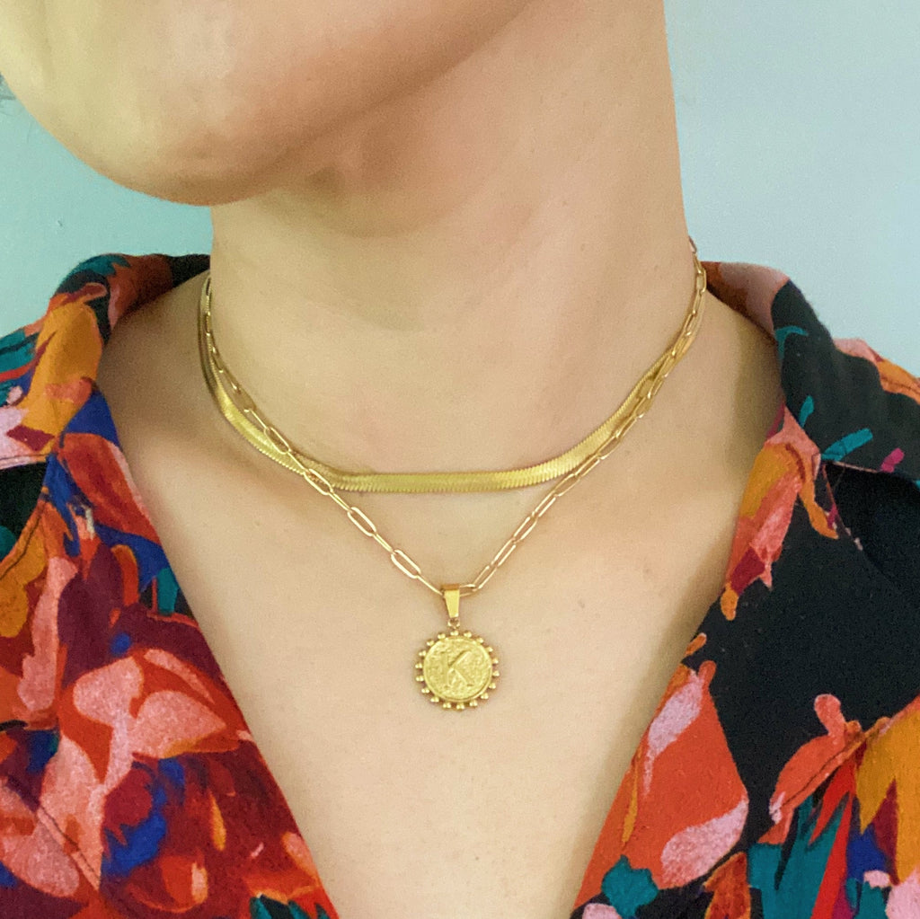 18K gold plated layered double chain necklace with reversible initial and heart charm — view 3