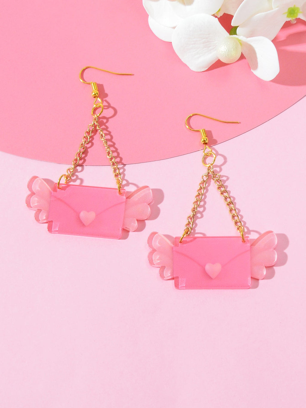 Pink sweetheart pendant dangle earrings with metal alloy hooks on a clean background — view 5